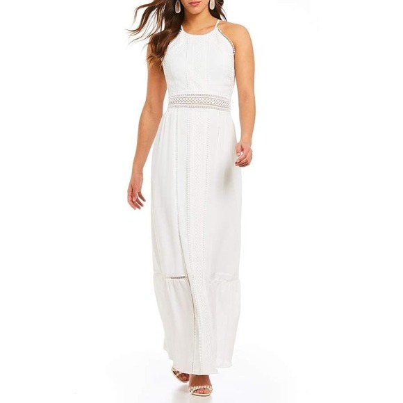 Belle Badgley Mischka White Maxi Dress Halter Crochet Trim Size 2‎ y2 - Picture 1 of 8